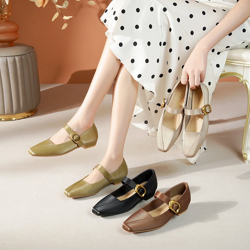 French Square Toe Single Shoes Thick Heeled Mary Jane Shoes Style Mother Shoes Elegant Work Shoes With Skirt Belt - Image 5